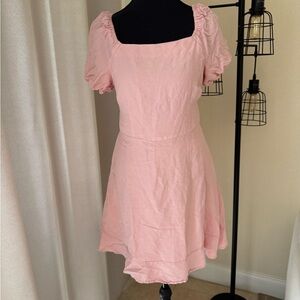 Loft Linen Pink Tie-Back Mini Dress Puff Shoulder Fit and Flare Size 6